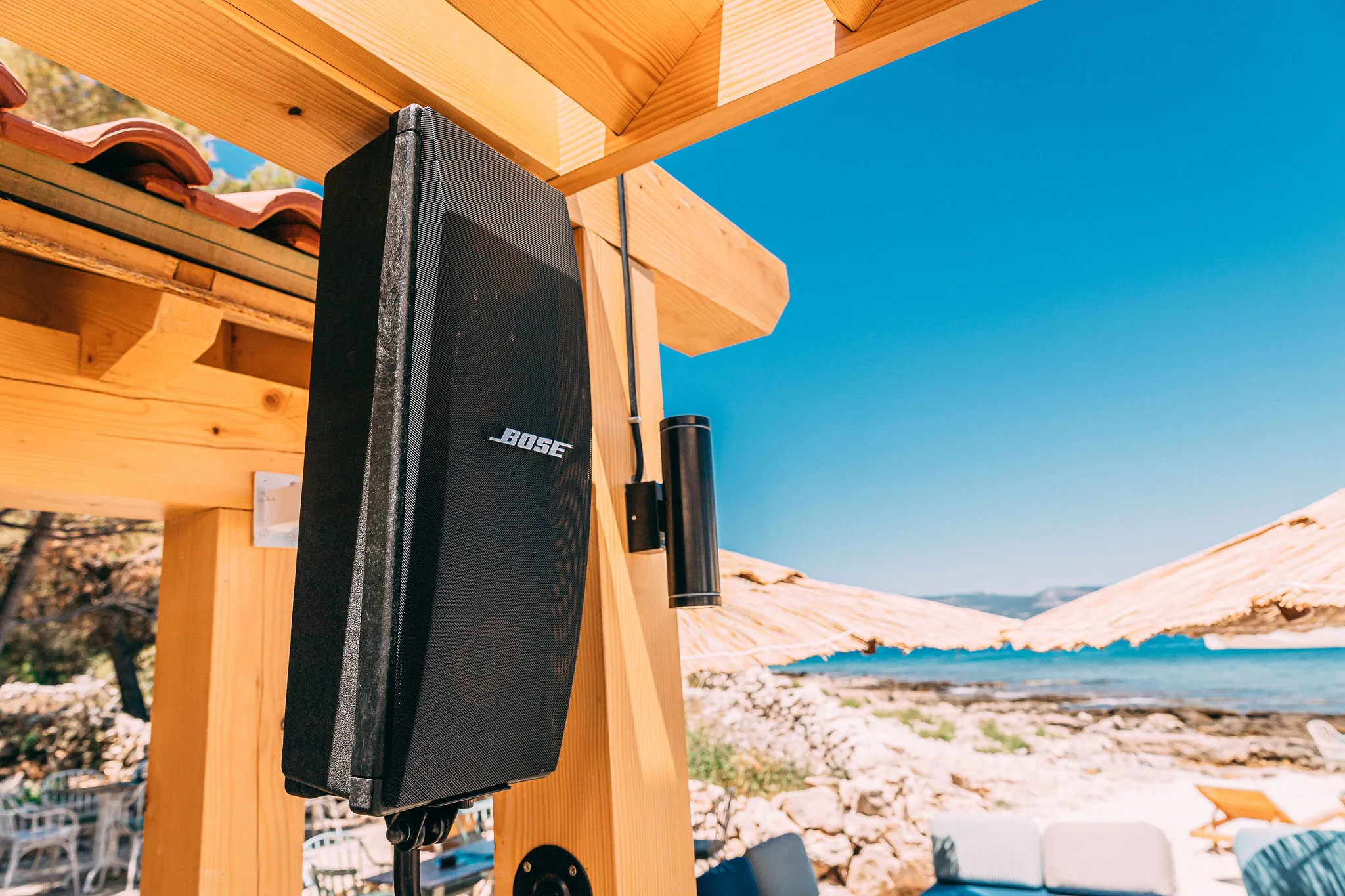 Bose speaker installed at Haven Beach Bar on the Adriatic coast by Cosmic Production