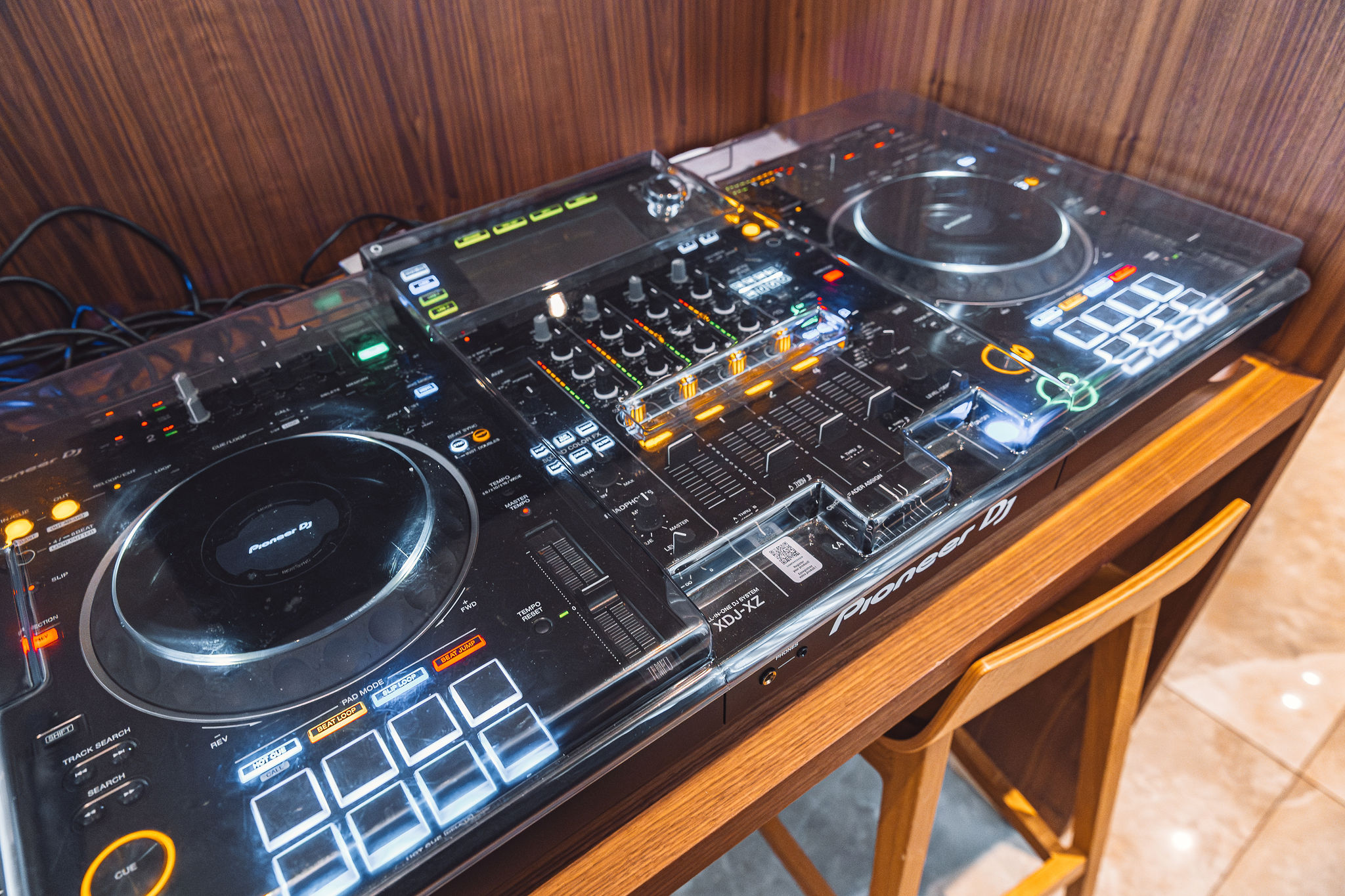 Pioneer DJ XDJ-XZ controller powered up with LEDs glowing, permanently installed at Level Restaurant Split